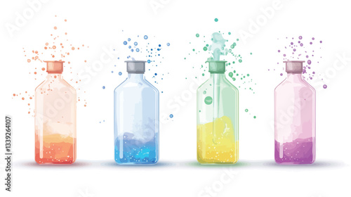 Digital illustration of four transparent glass bottles containing different colored liquids. Each bottle features a small cap and liquid splashing out from the top, depicted in a watercolor-like