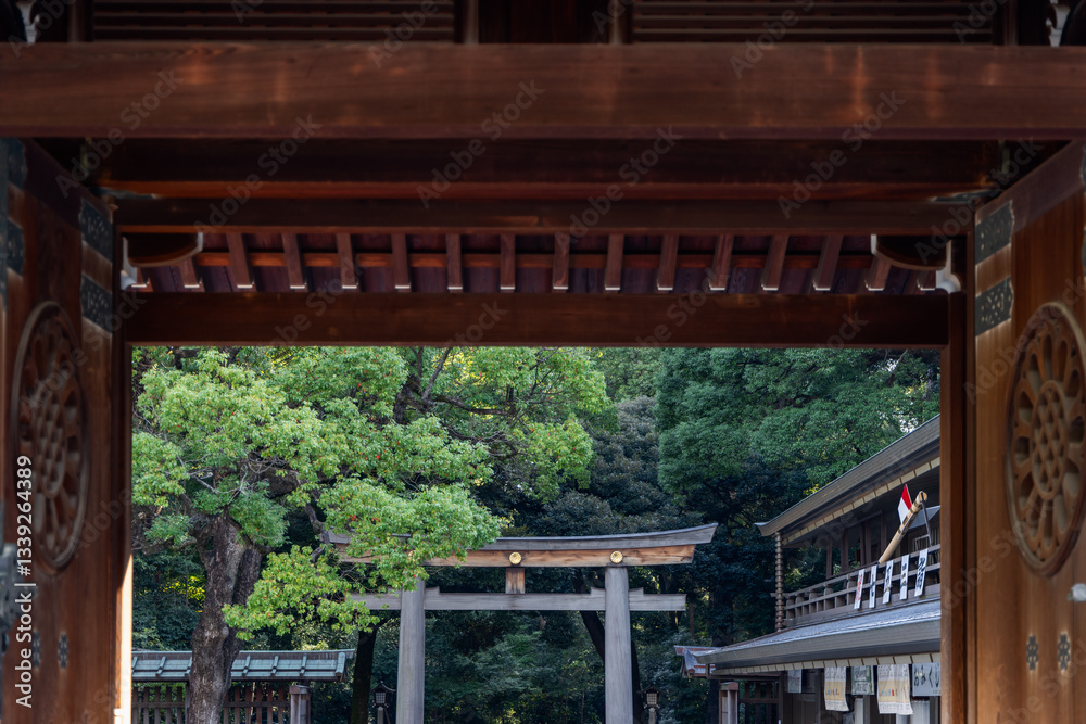 Through the wooden gateway of Meiji Shrine in Tokyo, a distant torii gate stands among vibrant foliage, harmonizing traditional architecture with the natural surroundings Through the wooden gateway of Meiji Shrine in Tokyo, a distant torii gate stands among vibrant foliage, harmonizing traditional architecture with the natural surroundings