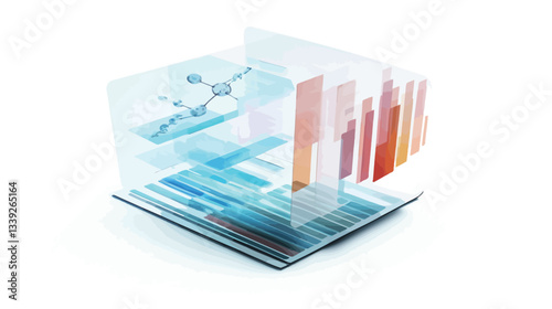 Isometric view of a transparent cube containing various charts and graphs, rendered in shades of blue and orange.  The cube appears three-dimensional and showcases data representations including