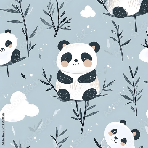 Adorable Cartoon Pandas on Bamboo Branches Light Blue Background with Clouds