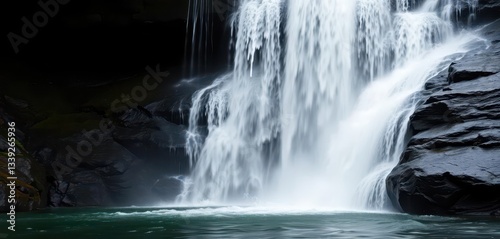 Gushing waterfall cascades down, isolated on black, rush, secluded