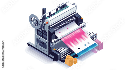 Isometric illustration of an industrial printing machine. The machine is depicted in detail, showing various components such as rollers, a paper feed mechanism, and a control panel. The machine is