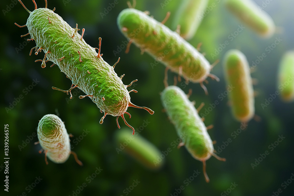 Fototapeta premium Generative AI illustration of microscopic bacterial forms showcasing vivid molecular structures and glowing effects