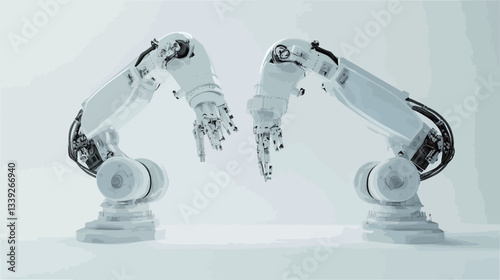 The image shows two white robotic arms, positioned in a mirrored configuration, their manipulators almost touching.  The arms are highly detailed, exhibiting a smooth, metallic surface and