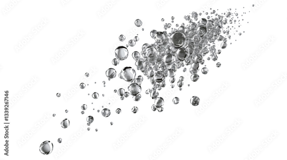 The image presents a grayscale depiction of numerous water droplets dispersed in a dynamic, irregular pattern against a pure white background. The droplets vary in size and appear to be in motion,