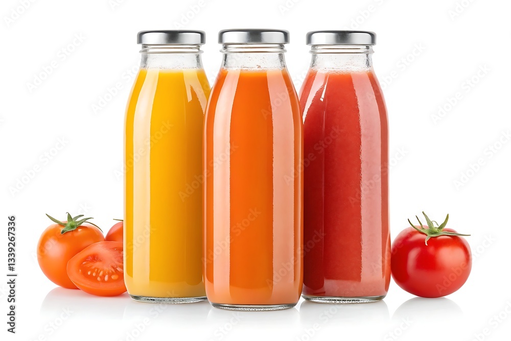Three Vibrant Bottles Of Tomato Juice In Varying Shades Of Red And Yellow, Showcasing A Healthy And Refreshing Drink Option, With Fresh Tomatoes Alongside For A Burst Of Natural Goodness And Bright Pr Three Vibrant Bottles Of Tomato Juice In Varying Shades Of Red And Yellow, Showcasing A Healthy And Refreshing Drink Option, With Fresh Tomatoes Alongside For A Burst Of Natural Goodness And Bright Pr