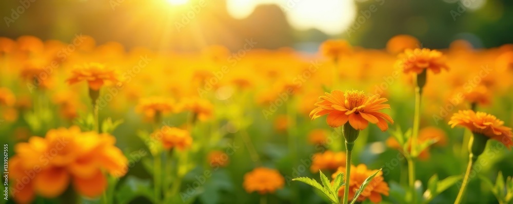 Sunlit marigolds sway gently in a summer breeze, a field of orange , warmth, yellow-orange Sunlit marigolds sway gently in a summer breeze, a field of orange , warmth, yellow-orange