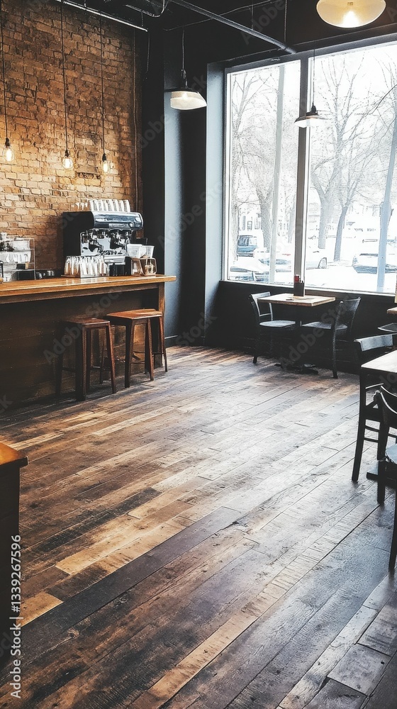 Fototapeta premium Rustic cafe interior, wood floors, brick wall, winter view.