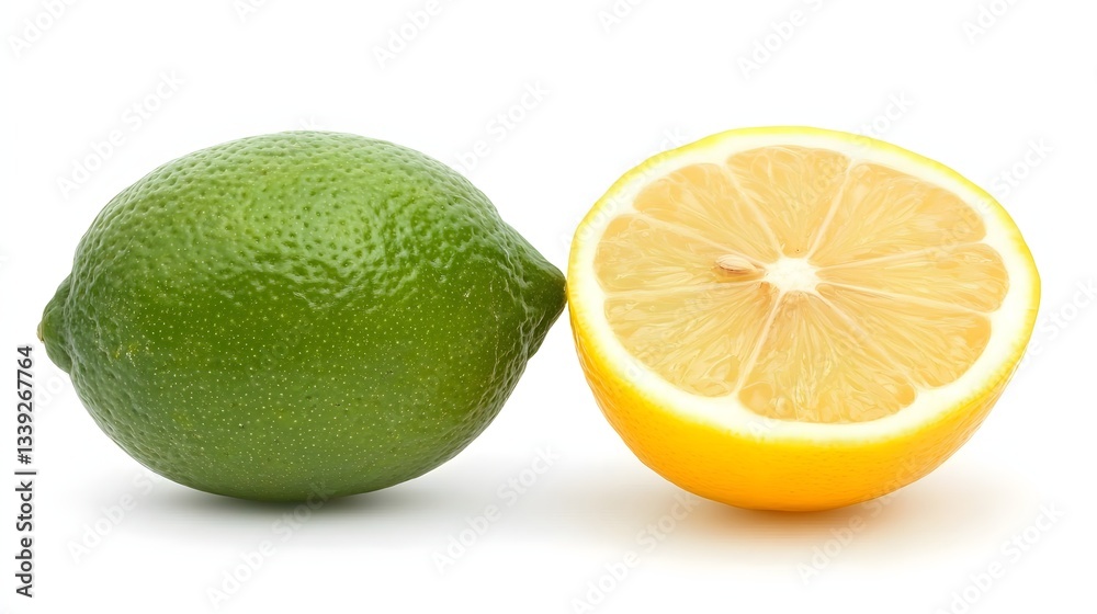 Whole Lime and Half Lemon on White Background Showcasing Fresh Citrus Fruits for Culinary Use Whole Lime and Half Lemon on White Background Showcasing Fresh Citrus Fruits for Culinary Use