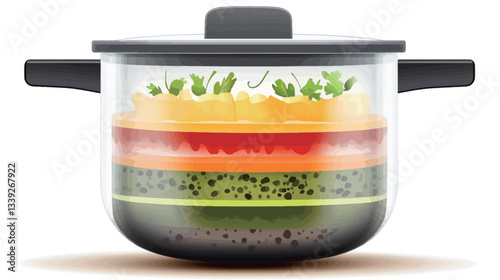 A digital illustration depicts a glass cooking pot with a dark gray lid and handles.  The pot contains several layers of sliced fruit: a bottom layer of what appears to be kiwi, followed by a layer