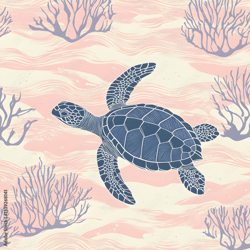 Fototapeta premium Serene Sea Turtle in Pastel Ocean with Coral Reef Illustration