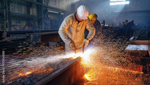 Skilled laborers operate machinery, creating sparks amidst a bustling manufacturing environment.