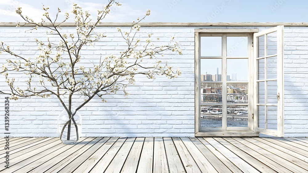 Bright Spacious Interior with Open Window and Blossom Tree Overlooking Vibrant Cityscape Bright Spacious Interior with Open Window and Blossom Tree Overlooking Vibrant Cityscape