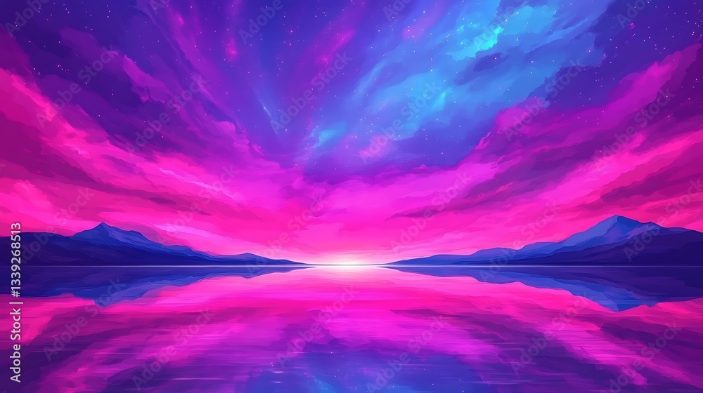 Fototapeta premium Purple and blue lake sky landscape with reflection