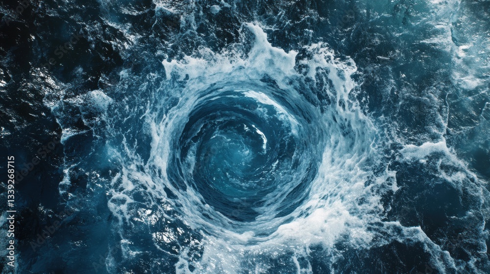 Obraz premium Spiraling water vortex creates a powerful whirlpool in the ocean, drawing in surrounding waves and debris