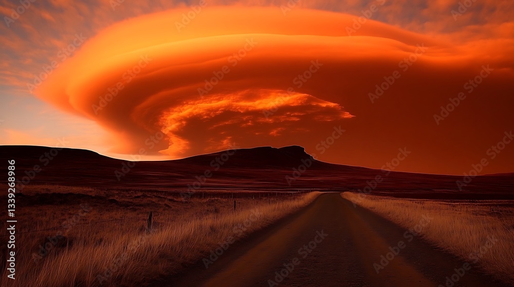 Road to fiery storm sky over mountain landscape Road to fiery storm sky over mountain landscape