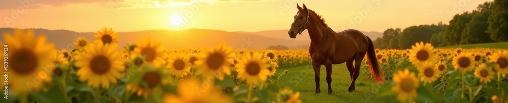 Fototapeta premium Bay horse, bridle, sunflower field, summer sun, agriculture, serenity, sunlight