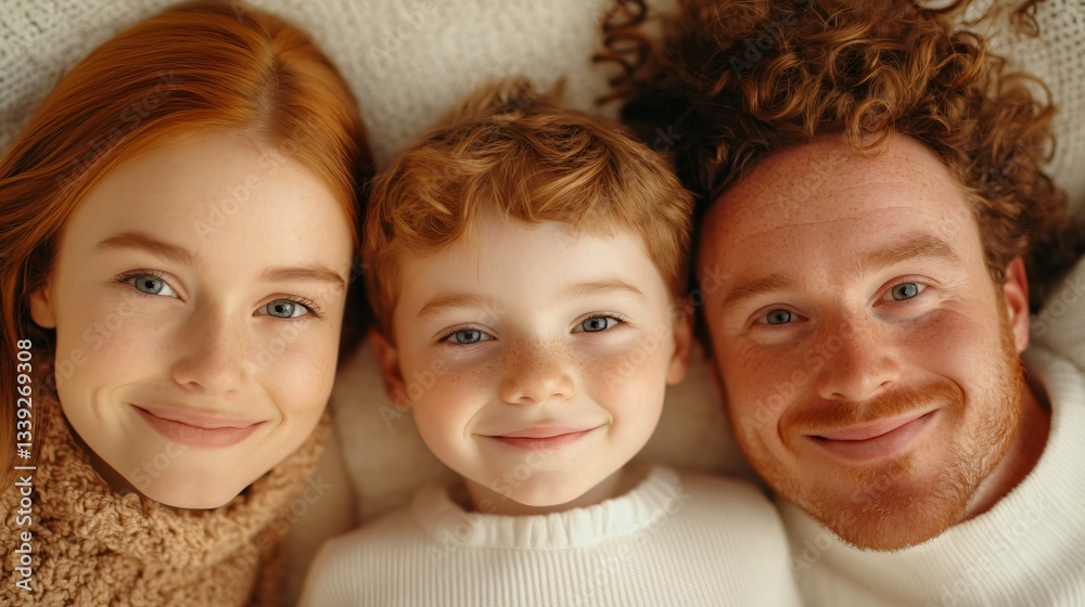 Cheerful family bonding, young girl with long red hair, smiling boy in the middle, joyful man with tousled hair, cozy indoor setting, love and happiness on display Cheerful family bonding, young girl with long red hair, smiling boy in the middle, joyful man with tousled hair, cozy indoor setting, love and happiness on display