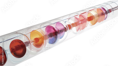 Close-up shot of a transparent cylindrical structure containing multiple translucent discs of varying colors.  The discs are arranged along the length of the cylinder, appearing to be stacked or