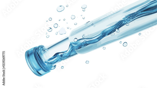 Close-up shot of a transparent pipette with a light blue liquid flowing through it. The liquid is dynamic, showing swirling movement. Small air bubbles are visible within and around the liquid. The