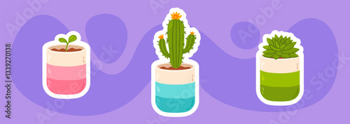 A colorful illustration of potted plants, including a sprout, cactus, and succulent, set against a vibrant purple background. Perfect for botanical designs, stickers, and digital decor.