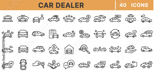 "Car Dealer Line Icons – Vehicle Sales, Auto Showroom, Rental Service, Test Drive, Financing, Trade-In, Inspection, Transportation Business, Vector Illustration Set"