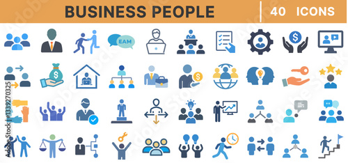 "Business People Flat Icons – Teamwork, Leadership, Corporate Communication, Employee Collaboration, Networking, Business Strategy, Professional Relations, Vector Set"