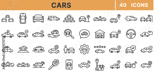 "Cars Icons – Vehicle Types, Automobile Industry, Car Dealership, Driving, Transportation, Auto Repair, Fleet Management, Mobility Solutions, Road Safety, Vector Set"