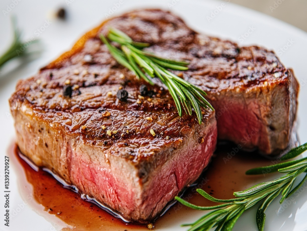 Perfectly cooked steak with fresh herbs on a white plate Perfectly cooked steak with fresh herbs on a white plate