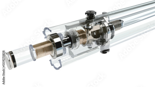 A detailed technical cutaway diagram of a linear actuator mechanism is presented. The image showcases various internal components such as a cylinder, piston, and other mechanical parts.  The