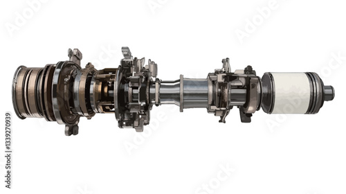 The image shows a detailed close-up of a metallic mechanical assembly against a white background. The assembly is composed of numerous interconnected parts, including gears, shafts, and cylindrical