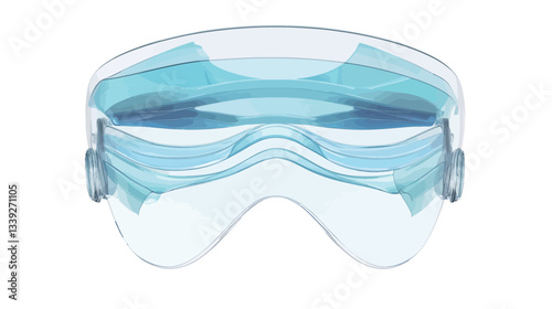 A close-up studio shot of a transparent diving mask. The mask is predominantly clear with light blue internal components visible through the transparent exterior. The mask features a curved,
