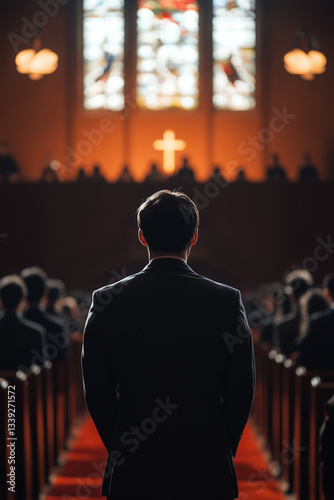 man standing before a church congregation, ideal for religious themes, sermons, worship events, community gatherings, and faith-based content	