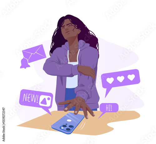 Young woman in a hoodie pushing away her smartphone, ignoring notifications and messages. Digital detox and social media burnout concept. Vector illustration