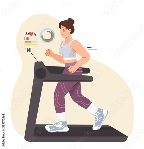 Woman in sportswear runs on treadmill with fitness tracking graphics displayed. She wears leggings, crop top, and sneakers. Concept of healthy lifestyle. Vector illustration