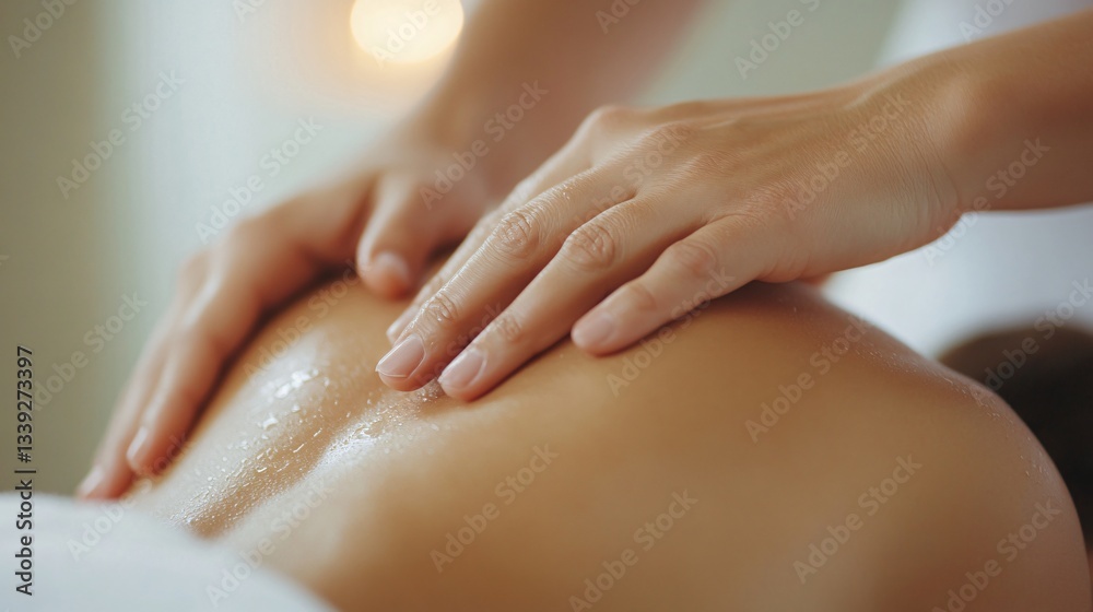 Naklejka premium Relaxing massage therapy session, skilled hands applying pressure on back, serene environment for wellness and relaxation.