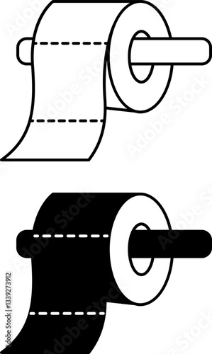 Toilet Paper Icons. Black and White Vector Illustrations. Toilet Paper Roll Hanging on Holder. Sanitary and Hygienic Product. Grocery Concept
