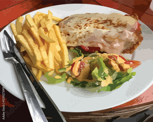 Chicken Parmigiana vector. Parmesan, delicious, parmigiana, mozzarella, cheese, fresh, meal, food, dish, meat. Can use for infographic, banner, poster, web design.