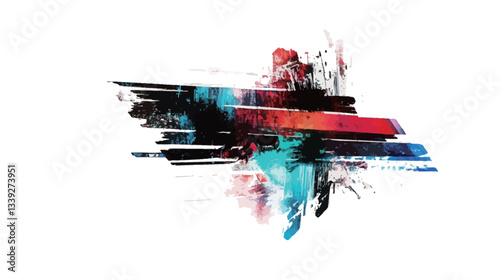 The image is a digital illustration featuring an abstract composition of dynamic, colorful strokes and splashes.  Predominantly red, blue, and black hues are used against a white background. The