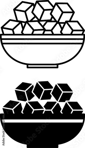 Sugar Icons. Black and White Vector Illustrations. Many Sugar Cubes in the Bowl. Sweet Dessert, Food. Grocery Concept