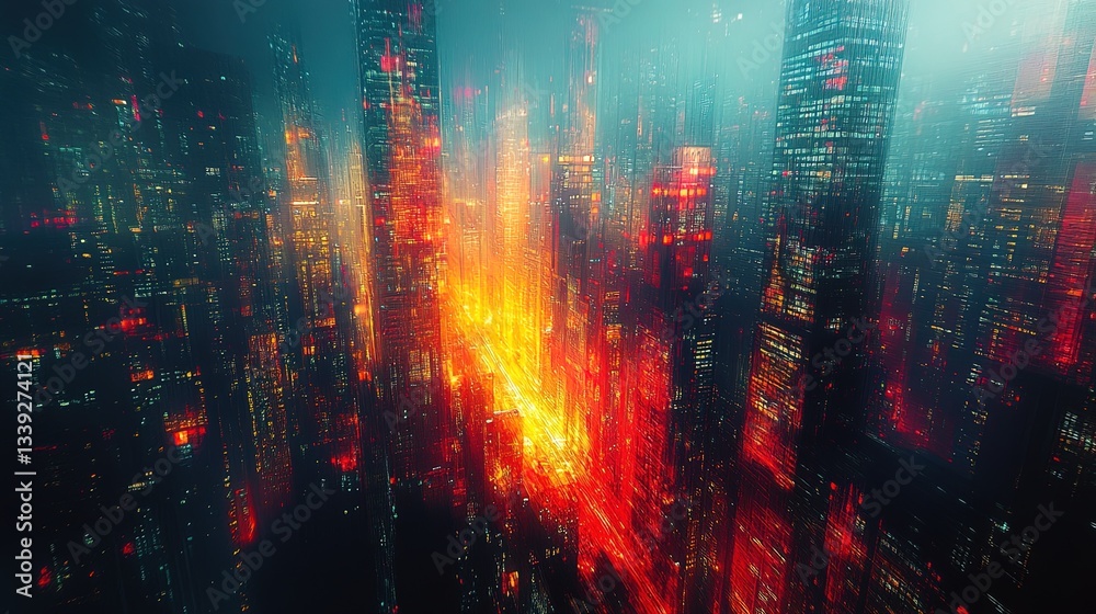 Fototapeta premium An abstract cityscape where glowing facades create a cascading effect of light