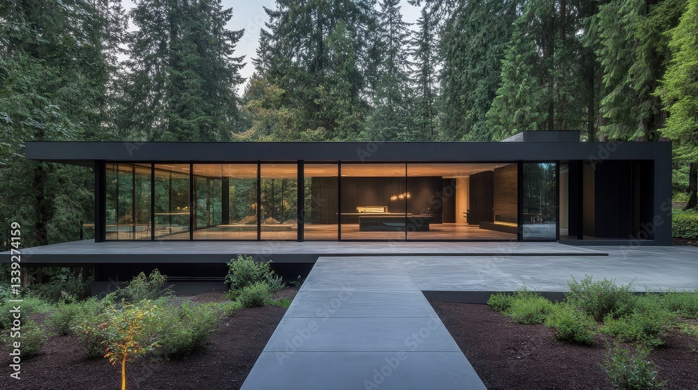 Fototapeta premium Modern glass house, forest setting, paved walkway.