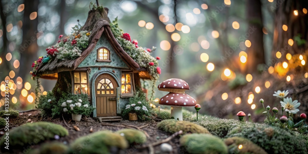 Fototapeta premium Midsummer Night's Dream: Elf House Macro Photography - Magical Fairy Home, Enchanted Forest, Close-Up Details