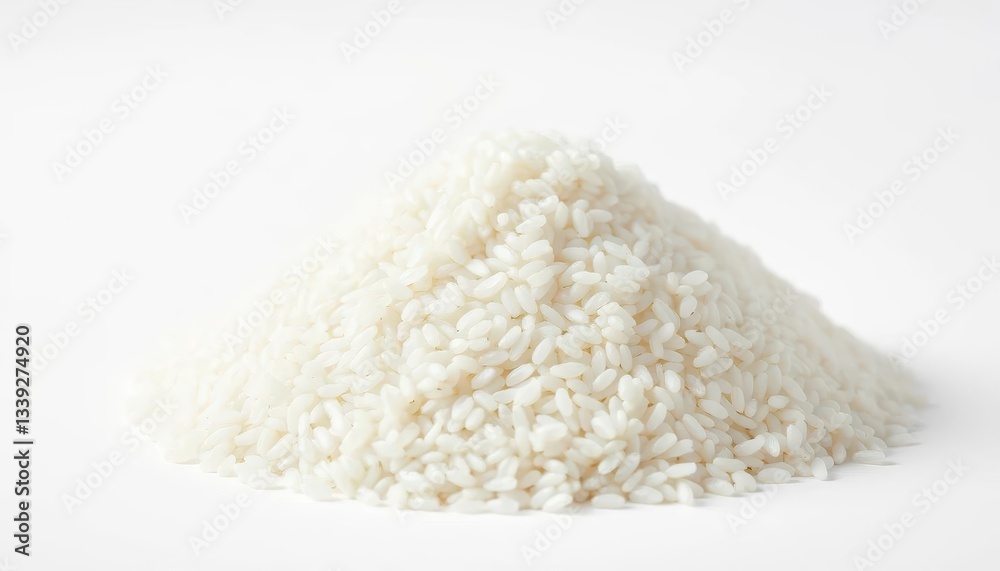 A mound of uncooked white rice against a pure white backdrop, harvest, culinary arts A mound of uncooked white rice against a pure white backdrop, harvest, culinary arts
