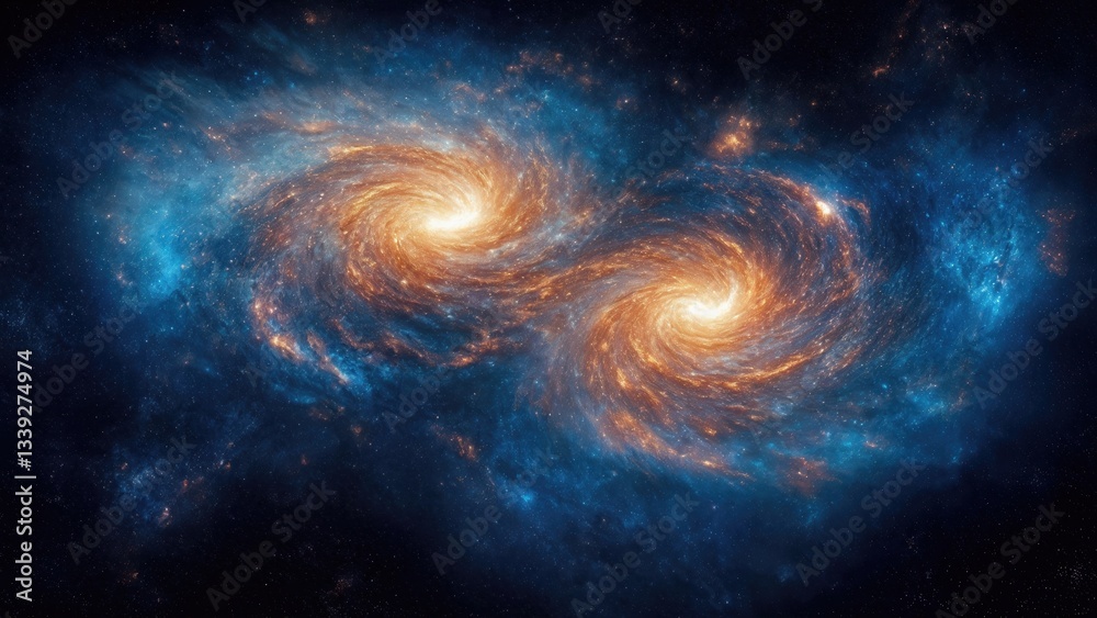 Naklejka premium Captivating Spiral Galaxies Intertwining in a Stellar Cosmic Dance Displaying Bright Blues and Golds