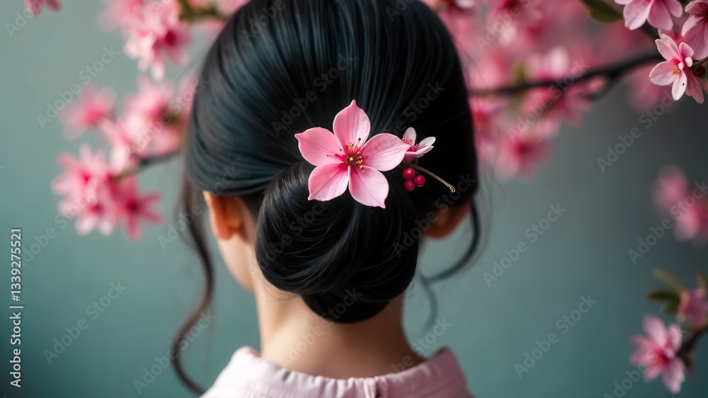 Naklejka premium Sakura flower-shaped hairpin adorns a hair bun of Japanese girl in kimono back view. Elegant modest traditional womens hairstyle. Blooming pink cherries. A feminine stylish hair accessory. Springtime