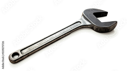 High-angle, close-up shot of a single adjustable wrench lying diagonally against a stark white background. The wrench is predominantly grey with a slightly darker, textured metallic finish.  The