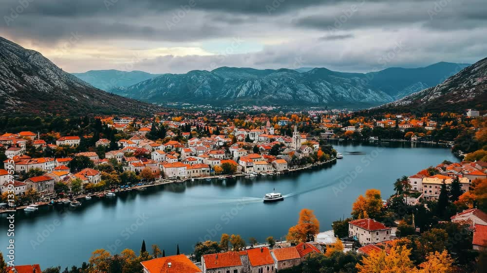Breathtaking aerial view of Tir in Montenegro showcasing the river and vibrant autumn landscape, Aerial view of the city Tir in Montenegro on a cloudy afternoon in autumn
