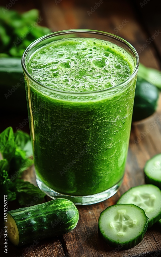 Refreshing green smoothie made with fresh cucumbers, mint leaves, and other healthy ingredients in a rustic setting Refreshing green smoothie made with fresh cucumbers, mint leaves, and other healthy ingredients in a rustic setting