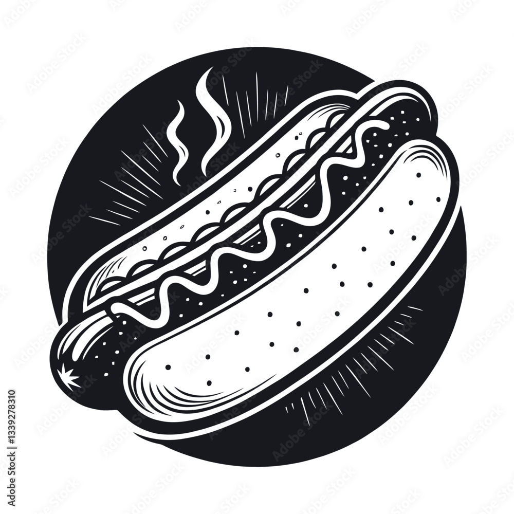 Delicious Hot Dog Graphic Design. A stylized, black and white graphic of a hot dog. Delicious Hot Dog Graphic Design. A stylized, black and white graphic of a hot dog.